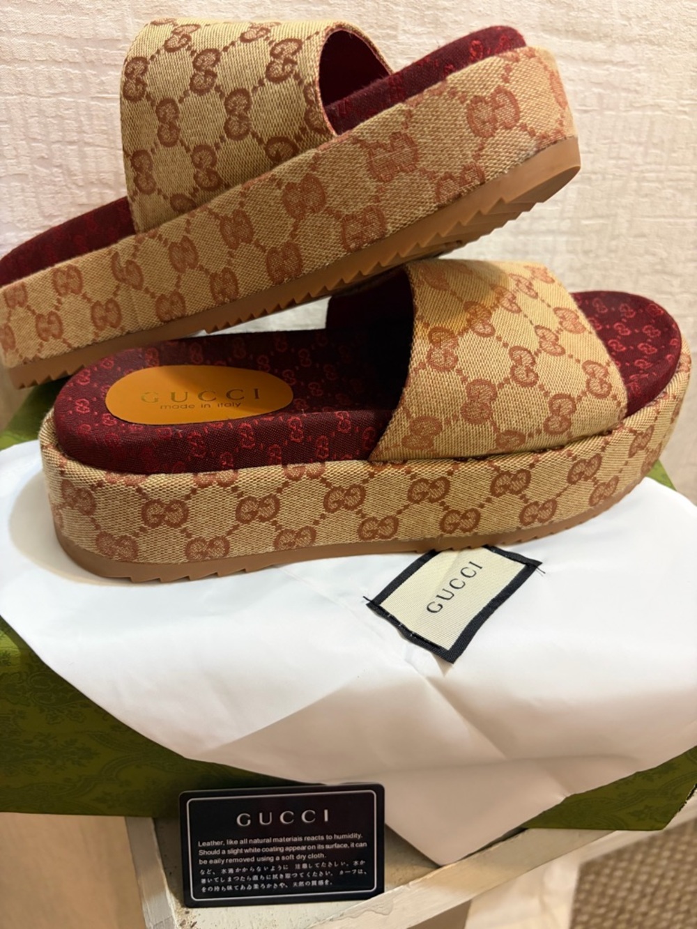 Gucci monogram Brown GG Canvas Platform Slide Sandals with Burgundy Insole - Picture 3 of 14